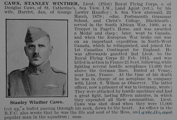 Caws S W Lt Royal Flying Corps Obit