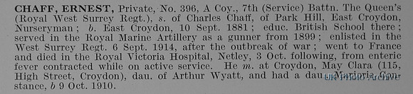 Chaff E Pte 396 7th West Surrey Regiment