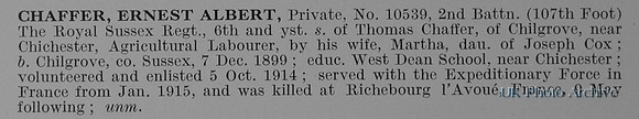 Chaffer E A Pte 10539 2nd Royal Sussex Regiment