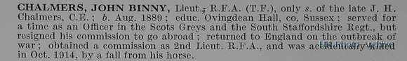 Chalmers J B Lt Royal Field Artillery