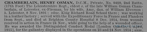 Chamberlain H O Pte DCM 9409 2nd Leicestershire Regiment