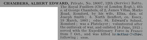 Chambers A E Pte 18007 12th Royal Fusiliers