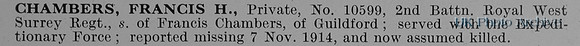 Chambers F H Pte 10599 2nd Royal West Surrey Regiment