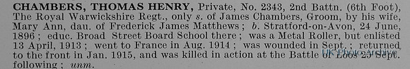 Chambers T H Pte 2343 2nd Royal Warwickshire Regiment