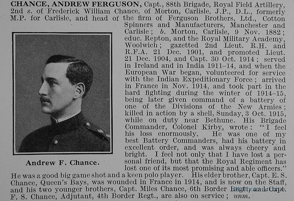 Chance A F Captain Royal Field Artillery Obit