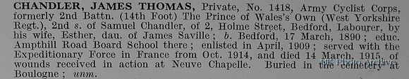 Chandler J T Pte 1418 Army Cyclist Corps