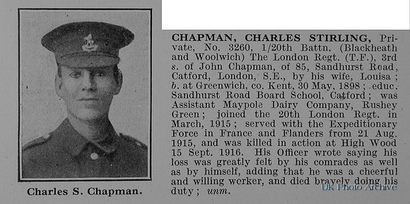 Chapman C S Pte 3260 20th London Regiment Obit