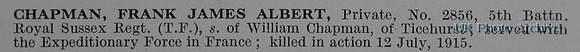 Chapman F J A Pte 2856 5th Royal Sussex Regiment