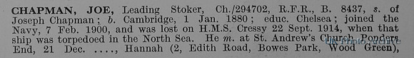 Chapman J Leading Stoker CH/294702 HMS Cressy RFR Obit Part 1