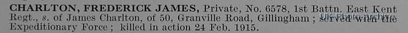 Charlton F J Pte 6578 1st East Kent Regiment