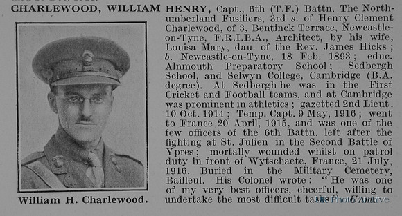 Charlewood W H Captain 6th Northumberland Fusiliers Obit