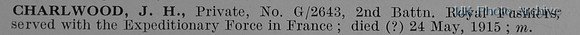 Charlwood J H Pte G-2643 2nd Royal Fusiliers