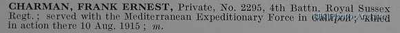 Charman F E Pte 2295 4th Royal Sussex Regiment