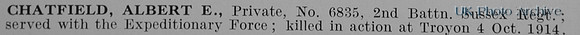Chatfield A E Pte 6835 2nd Royal Sussex Regiment
