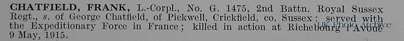 Chatfield F LCpl G1475 2nd Royal Sussex Regiment