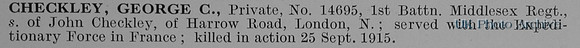 Checkley G C Pte 14695 1st Middlesex Regiment