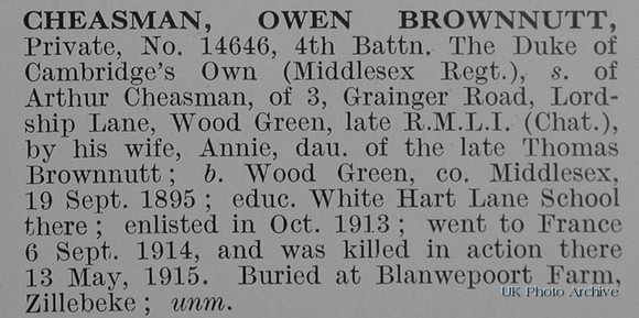 Cheasman O B Pte 14646 4th Middlesex Regiment Obit