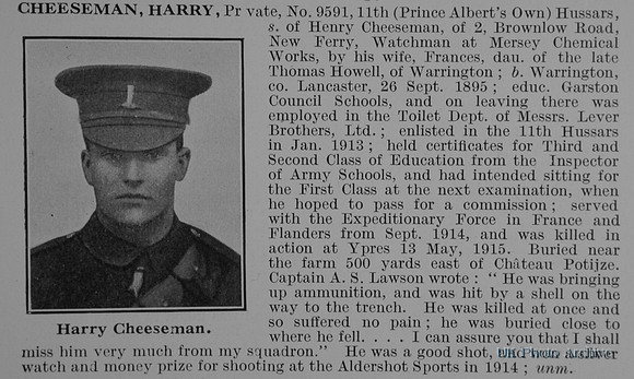 Cheeseman H Pte 9591 11th Hussars Obit