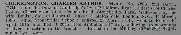Cherrington C A Pte 7283 2nd Middlesex Regiment