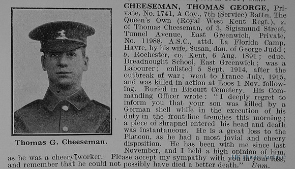 Cheeseman T G Pte 1741 7th Royal West Kent Regiment Obit
