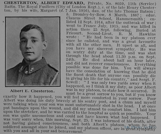 Chesterton A E Pte 8059 11th Royal Fusiliers Obit