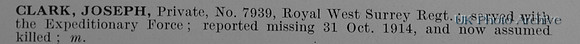 Clark J Pte 7939 Royal West Surrey Regiment