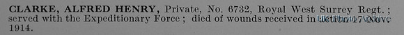 Clarke A H Pte 6732 Royal West Surrey Regiment