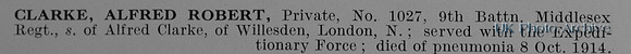 Clarke A R Pte 1027 9th Middlesex Regiment