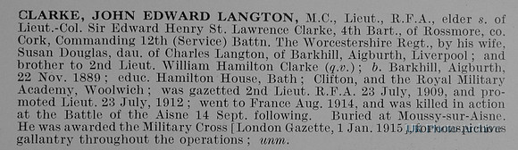 Clarke J E L Lt MC Royal Field Artillery