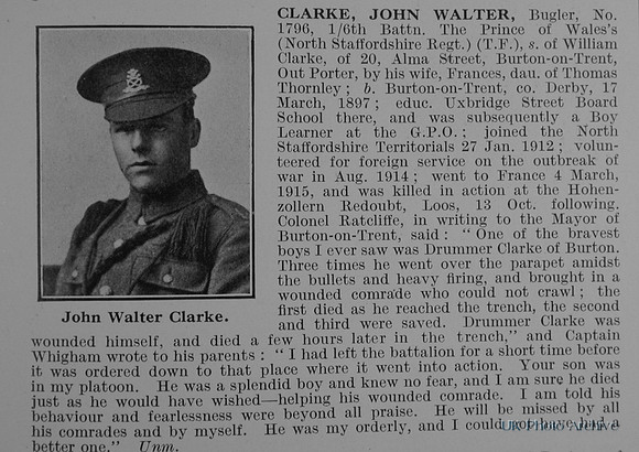 Clarke J W Bugler 1796 North Staffs Regiment Obit