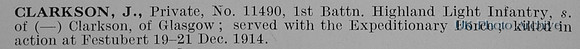 Clarkson J Pte 11490 1st Highland Light Infantry