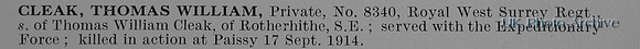 Cleak T W Pte 8340 Royal West Surrey Regiment