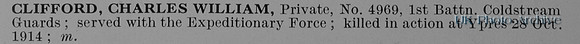 Clifford C W Pte 4969 1st Coldstream Guards