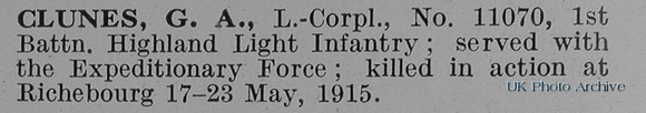 Clunes G A LCpl 11070 1st Highland Light Infantry