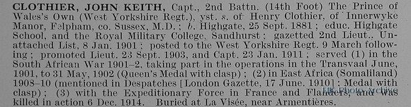 Clothier J K Captain 2nd West Yorkshire Regiment