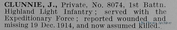 Clunnie J Pte 8074 1st Highland Light Infantry