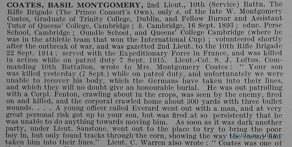 Coates B M 2nd Lt 10th Rifle Brigade Obit Part 1
