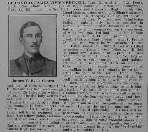 De Castro J V R Captain 2nd Suffolk Regiment Obit