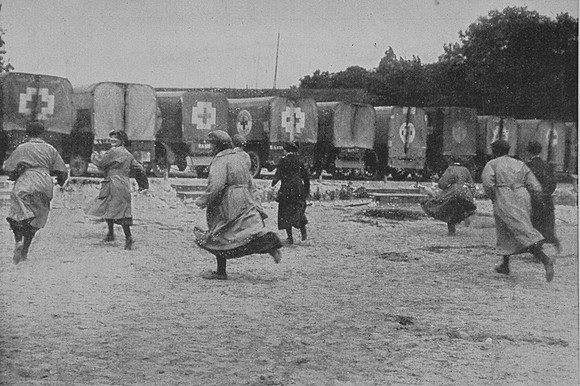 Women Drivers And Nurses Rushing To Their Motor Ambulances WW1