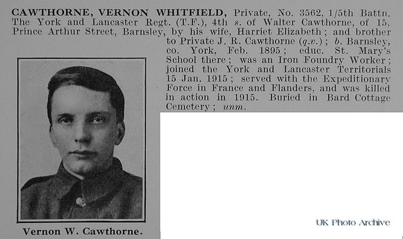 Cawthorne V W Pte 3562 5th York And Lancaster Regiment Obit