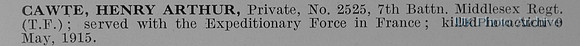 Cawte H A Pte 2525 7th Middlesex Regiment