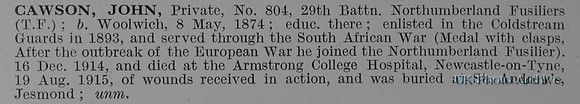 Cawson J Pte 804 29th Northumberland Fusiliers
