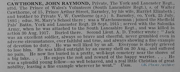 Cawthorne J R Pte York And Lancs Regiment Attd 9th South Lancs Regiment