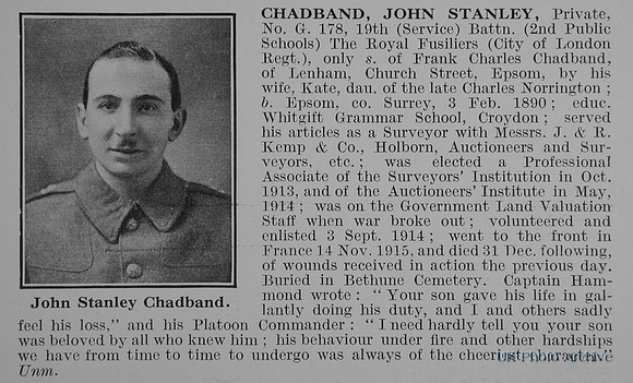 Chadband J S Pte G/178 19th Royal Fusiliers Obit
