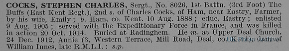 Cocks S C Sergt 8026 1st East Kent Regiment