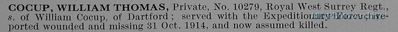 Cocup W T Pte 10279 Royal West Surrey Regiment