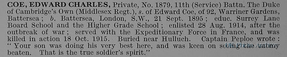 Coe E C Pte 1879 11th Middlesex Regiment