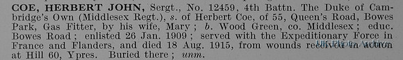 Coe H J Sergt 12459 4th Middlesex Regiment