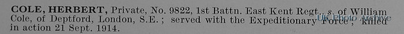 Cole H Pte 9822 1st East Kent Regiment