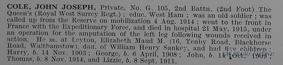 Cole J J Pte G105 2nd Royal West Surrey Regiment